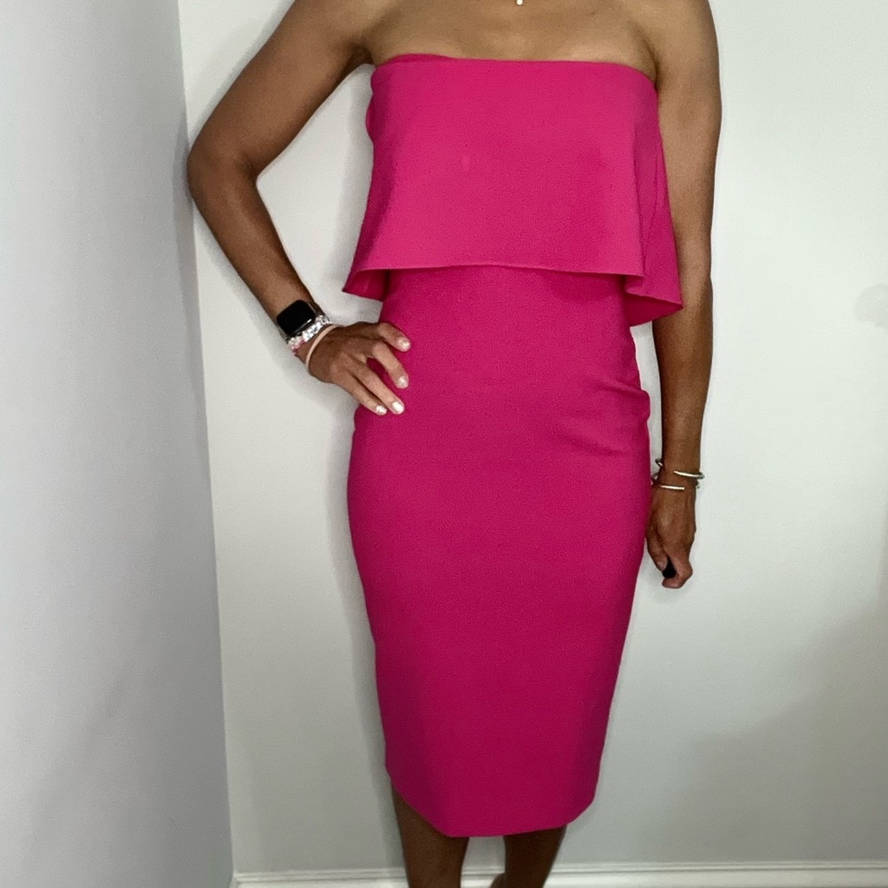 Likely Strapless Layered Fuchsia Midi Dress
